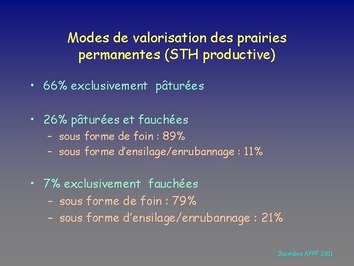 Modes de valorisation des prairies permanentes (STH productive) • 66% exclusivement pâturées • 26%