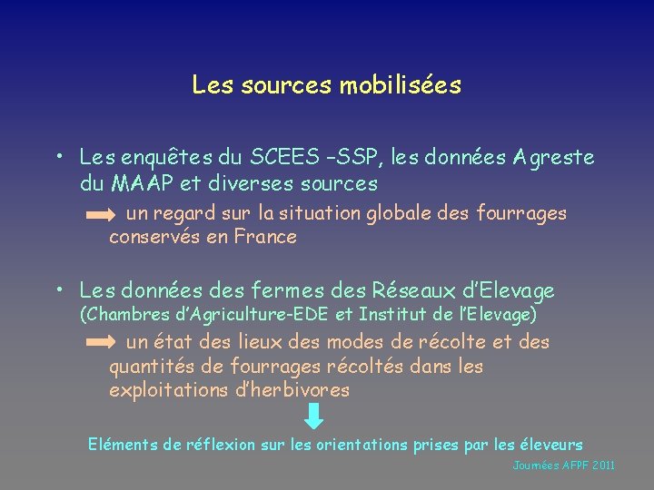 Les sources mobilisées • Les enquêtes du SCEES –SSP, les données Agreste du MAAP