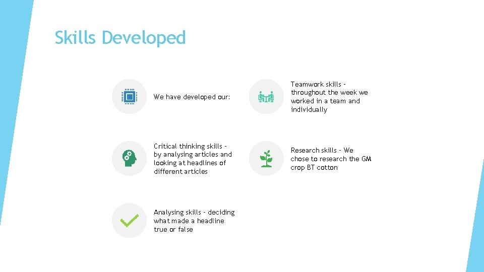 Skills Developed We have developed our: Teamwork skills – throughout the week we worked