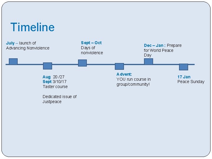 Timeline July – launch of Advancing Nonviolence Aug 20 /27 Sept 3/10/17 Taster course