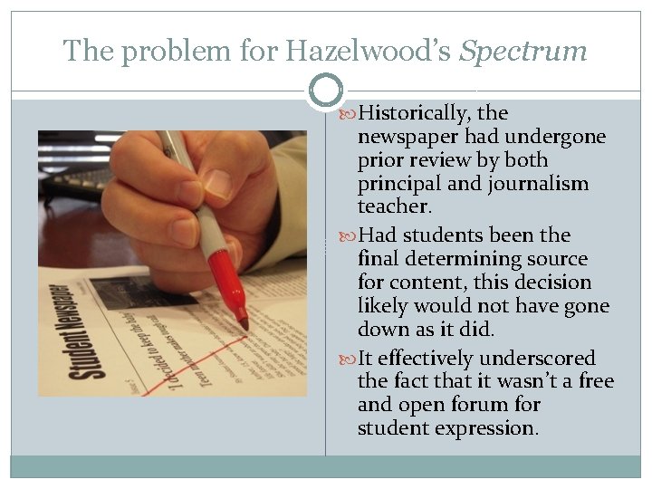 The problem for Hazelwood’s Spectrum Historically, the newspaper had undergone prior review by both