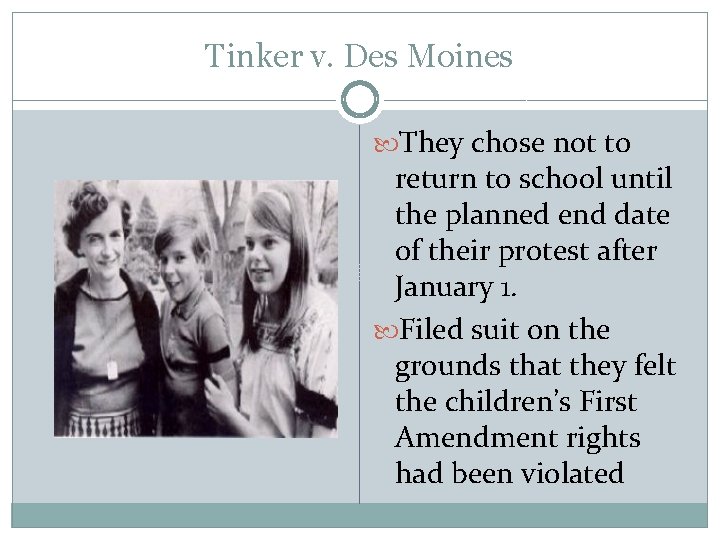 Tinker v. Des Moines They chose not to return to school until the planned