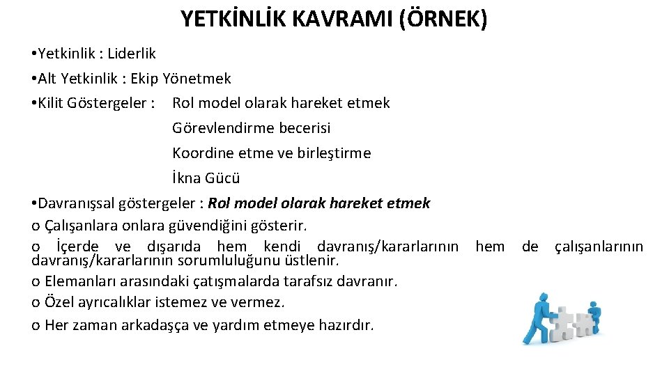 YETKİNLİK KAVRAMI (ÖRNEK) • Yetkinlik : Liderlik • Alt Yetkinlik : Ekip Yönetmek •