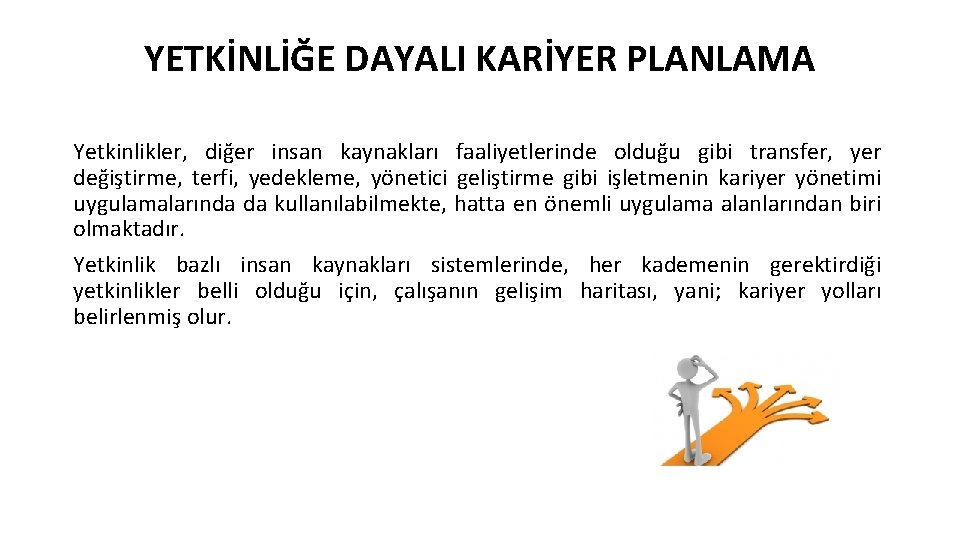 YETKİNLİĞE DAYALI KARİYER PLANLAMA Yetkinlikler, diğer insan kaynakları faaliyetlerinde olduğu gibi transfer, yer değiştirme,