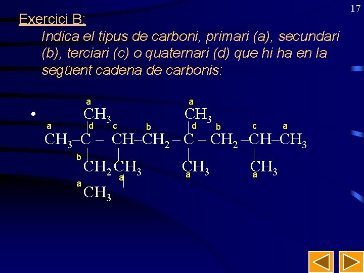 Exercici B: Indica el tipus de carboni, primari (a), secundari (b), terciari (c) o