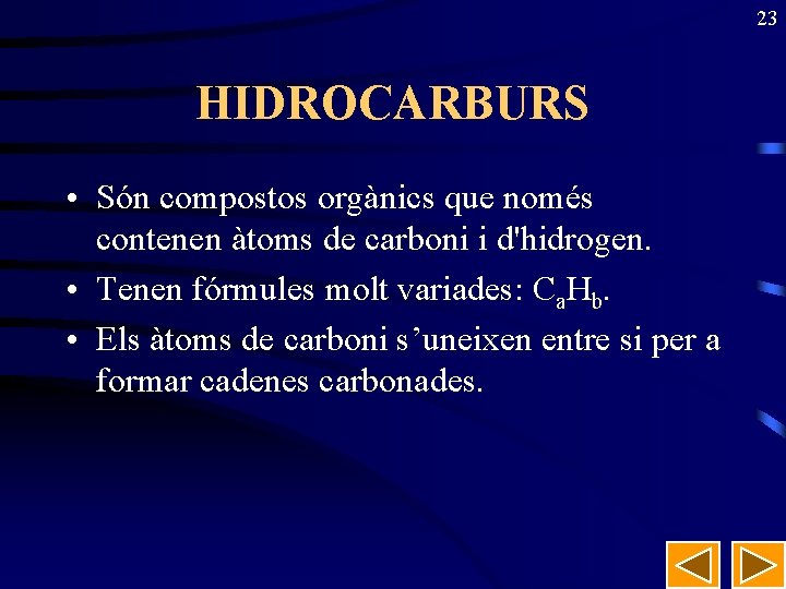 23 HIDROCARBURS • Són compostos orgànics que només contenen àtoms de carboni i d'hidrogen.