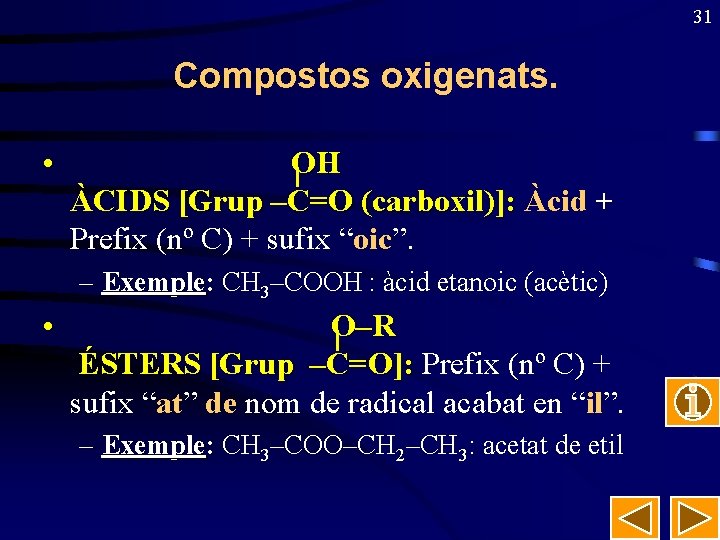 31 Compostos oxigenats. • OH ÀCIDS [Grup –C=O (carboxil)]: Àcid + Prefix (nº C)