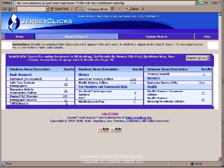 Scherelene Schatz, NJ State Library, Computers in Libraries, March 2005 