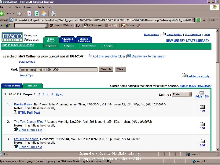 Scherelene Schatz, NJ State Library, Computers in Libraries, March 2005 