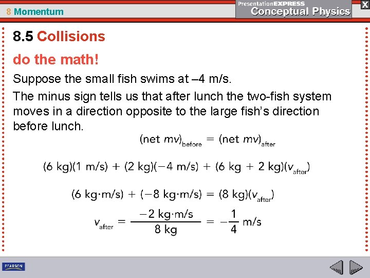 8 Momentum 8. 5 Collisions do the math! Suppose the small fish swims at