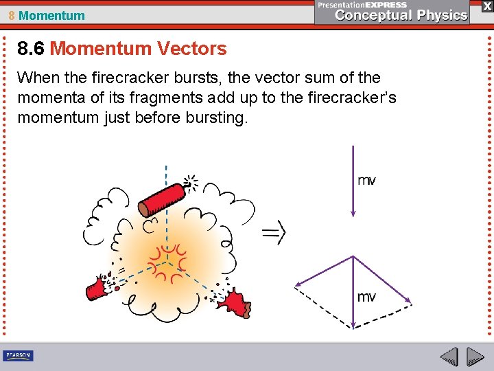 8 Momentum 8. 6 Momentum Vectors When the firecracker bursts, the vector sum of