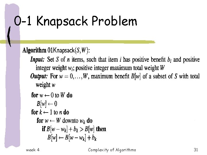 0 -1 Knapsack Problem week 4 Complexity of Algorithms 31 0 -1 Knapsack Problem week 4 Complexity of Algorithms 31