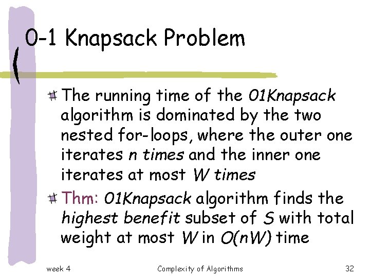 0 -1 Knapsack Problem The running time of the 01 Knapsack algorithm is dominated 0 -1 Knapsack Problem The running time of the 01 Knapsack algorithm is dominated