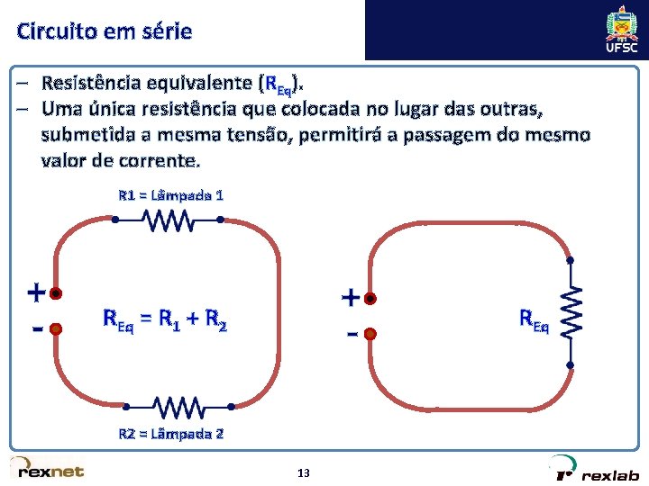 Circuito em série – Resistência equivalente (REq). – Uma única resistência que colocada no