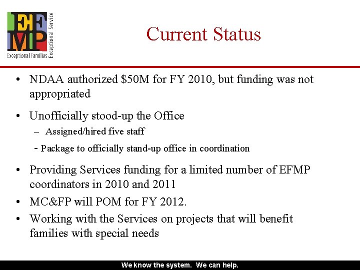 Current Status • NDAA authorized $50 M for FY 2010, but funding was not