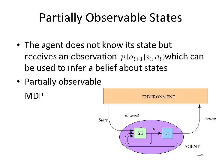 Partially Observable States • The agent does not know its state but receives an