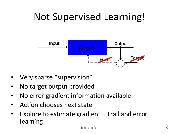 Not Supervised Learning! Input Output Agent Error • • • Target Very sparse “supervision”