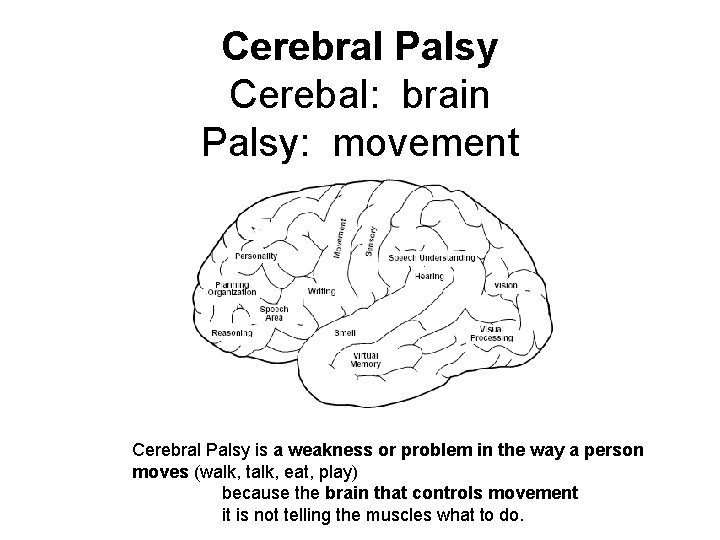 Cerebral Palsy Cerebal: brain Palsy: movement Cerebral Palsy is a weakness or problem in