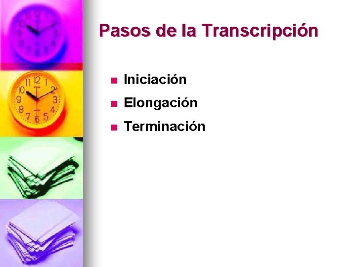 Pasos de la Transcripción n Iniciación n Elongación n Terminación 