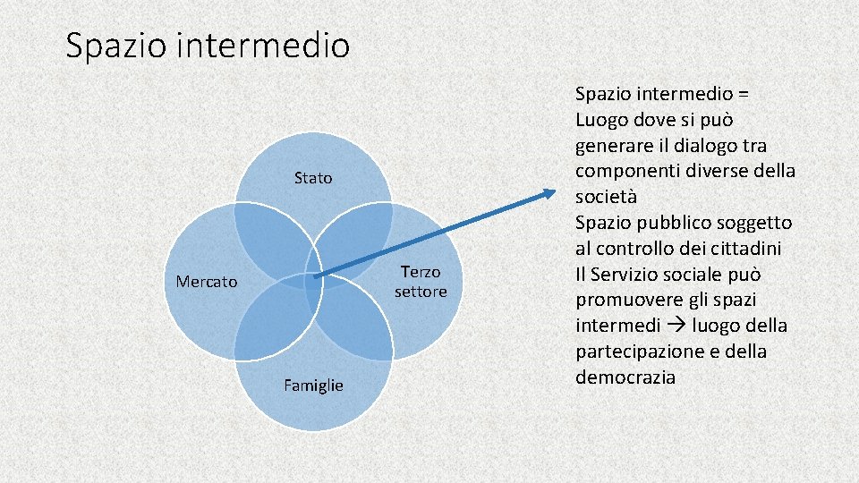 Spazio intermedio Stato Terzo settore Mercato Famiglie Spazio intermedio = Luogo dove si può