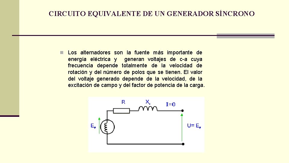 CIRCUITO EQUIVALENTE DE UN GENERADOR SÍNCRONO n Los alternadores son la fuente más importante