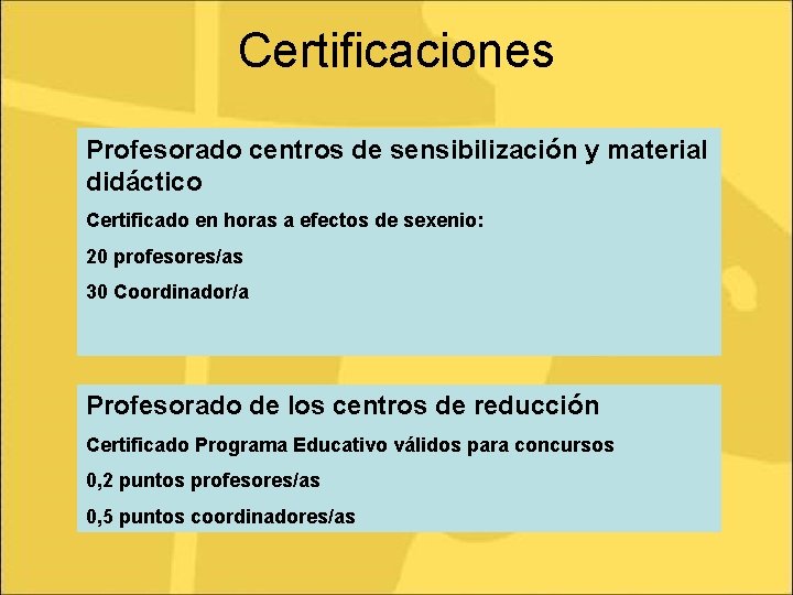 Certificaciones Profesorado centros de sensibilización y material didáctico Certificado en horas a efectos de