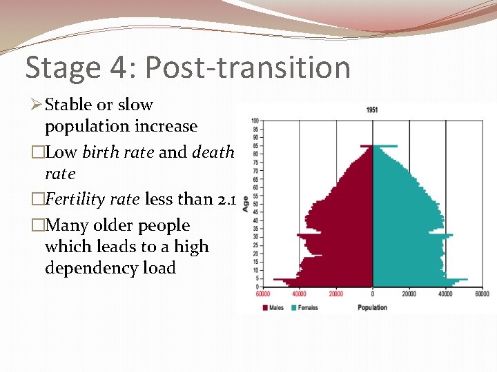 Stage 4: Post-transition Ø Stable or slow population increase �Low birth rate and death