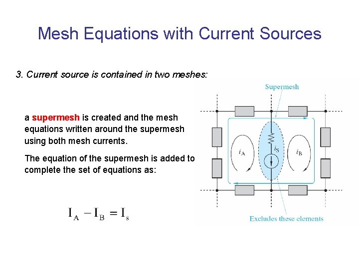 Mesh Equations with Current Sources 3. Current source is contained in two meshes: a