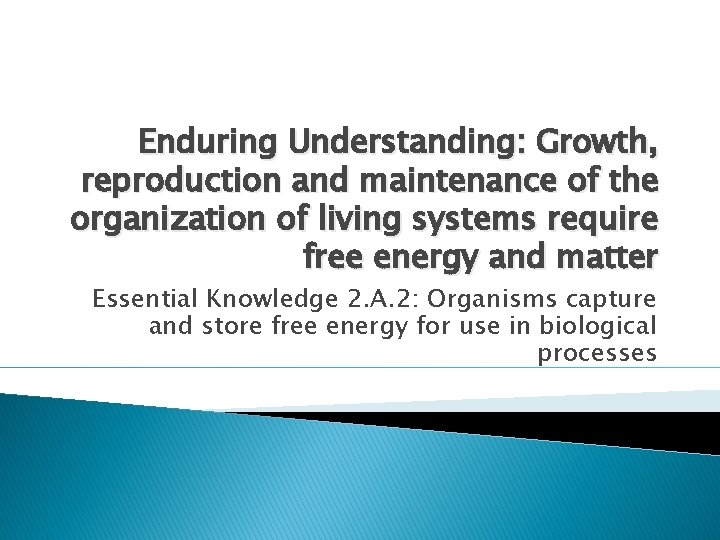 Enduring Understanding: Growth, reproduction and maintenance of the organization of living systems require free