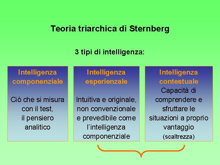 Teoria triarchica di Sternberg 3 tipi di intelligenza: Intelligenza componenziale Intelligenza esperienzale Ciò che