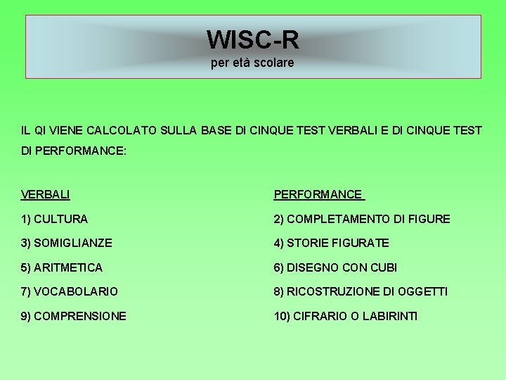 WISC-R per età scolare IL QI VIENE CALCOLATO SULLA BASE DI CINQUE TEST VERBALI