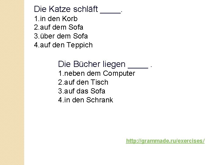 Die Katze schläft _____. 1. in den Korb 2. auf dem Sofa 3. über