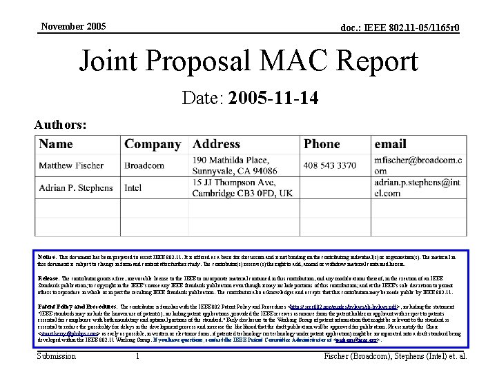 November 2005 doc. : IEEE 802. 11 -05/1165 r 0 Joint Proposal MAC Report