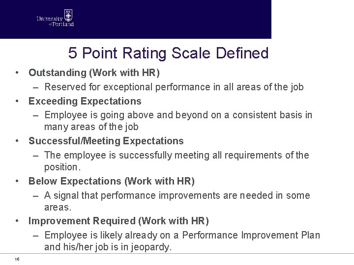 5 Point Rating Scale Defined • Outstanding (Work with HR) – Reserved for exceptional