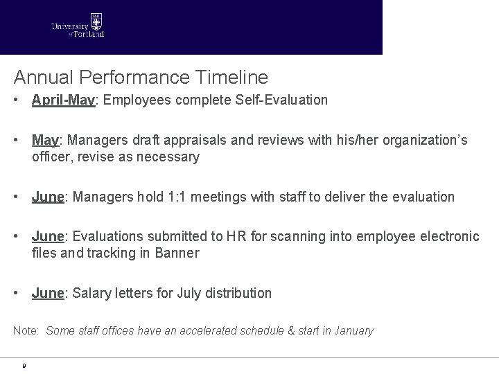 Annual Performance Timeline • April-May: Employees complete Self-Evaluation • May: Managers draft appraisals and