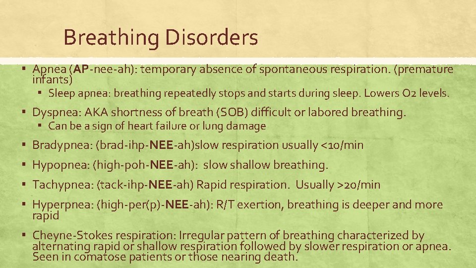 Breathing Disorders ▪ Apnea (AP-nee-ah): temporary absence of spontaneous respiration. (premature infants) ▪ Sleep