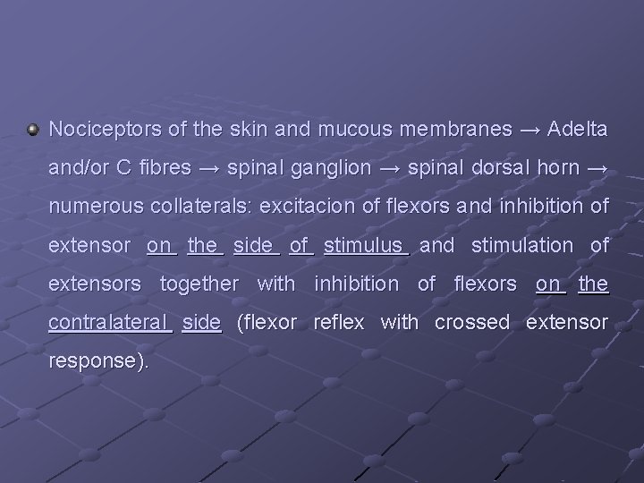 Nociceptors of the skin and mucous membranes → Adelta and/or C fibres → spinal