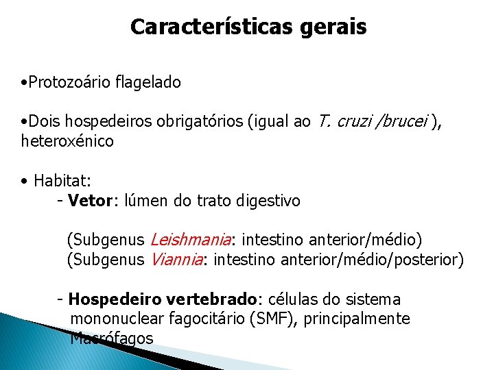 Características gerais • Protozoário flagelado • Dois hospedeiros obrigatórios (igual ao T. cruzi /brucei Características gerais • Protozoário flagelado • Dois hospedeiros obrigatórios (igual ao T. cruzi /brucei