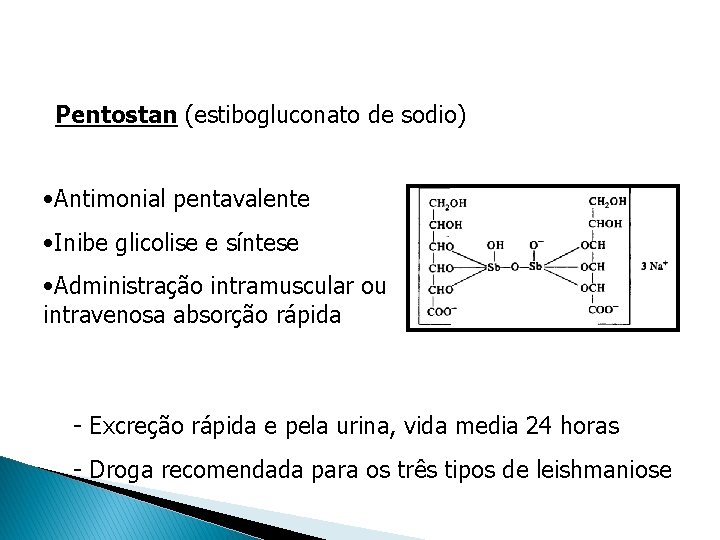 Pentostan (estibogluconato de sodio) • Antimonial pentavalente • Inibe glicolise e síntese • Administração Pentostan (estibogluconato de sodio) • Antimonial pentavalente • Inibe glicolise e síntese • Administração