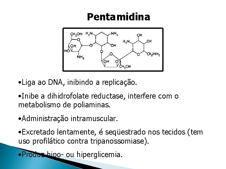 Pentamidina • Liga ao DNA, inibindo a replicação. • Inibe a dihidrofolate reductase, interfere Pentamidina • Liga ao DNA, inibindo a replicação. • Inibe a dihidrofolate reductase, interfere