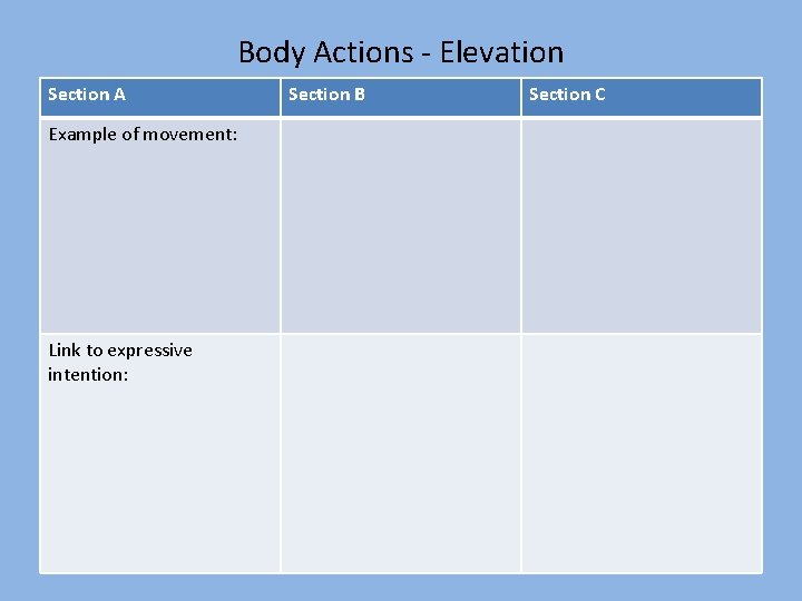 Body Actions - Elevation Section A Example of movement: Link to expressive intention: Section