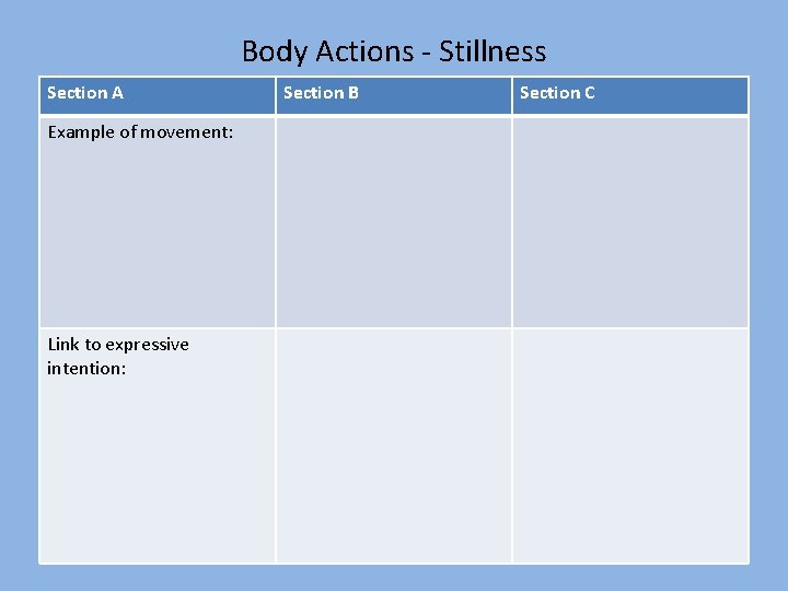 Body Actions - Stillness Section A Example of movement: Link to expressive intention: Section