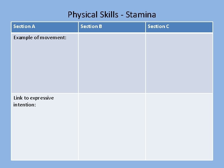 Physical Skills - Stamina Section A Example of movement: Link to expressive intention: Section