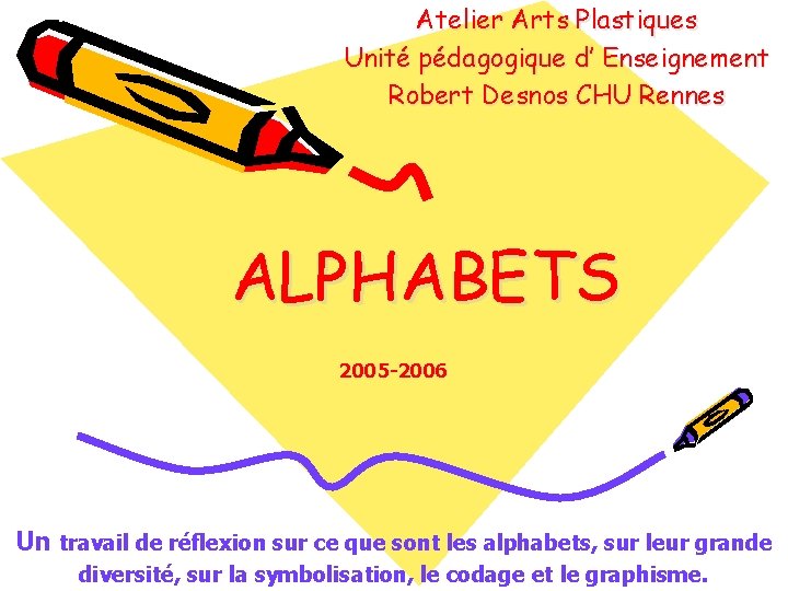 Atelier Arts Plastiques Unité pédagogique d’ Enseignement Robert Desnos CHU Rennes ALPHABETS 2005 -2006