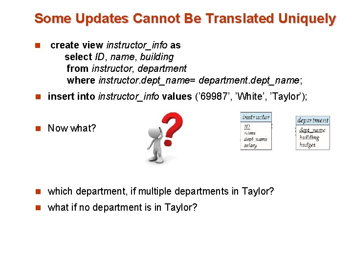 Some Updates Cannot Be Translated Uniquely n create view instructor_info as select ID, name,