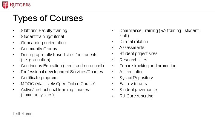 Types of Courses • • • Staff and Faculty training Student training/tutorial Onboarding / Types of Courses • • • Staff and Faculty training Student training/tutorial Onboarding /