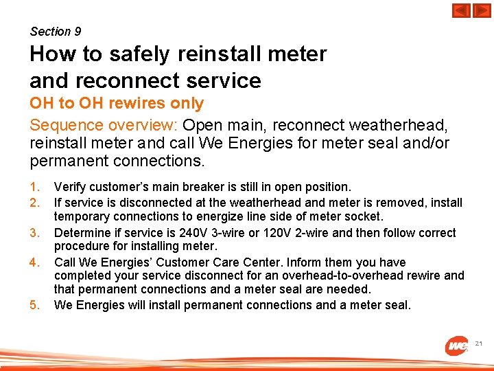 Section 9 How to safely reinstall meter and reconnect service OH to OH rewires