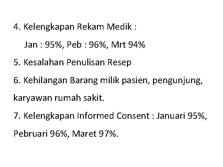 4. Kelengkapan Rekam Medik : Jan : 95%, Peb : 96%, Mrt 94% 5.