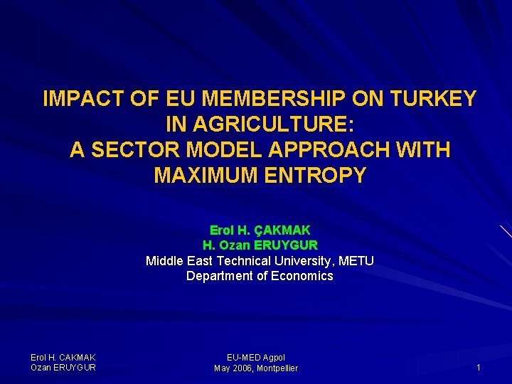 IMPACT OF EU MEMBERSHIP ON TURKEY IN AGRICULTURE: A SECTOR MODEL APPROACH WITH MAXIMUM
